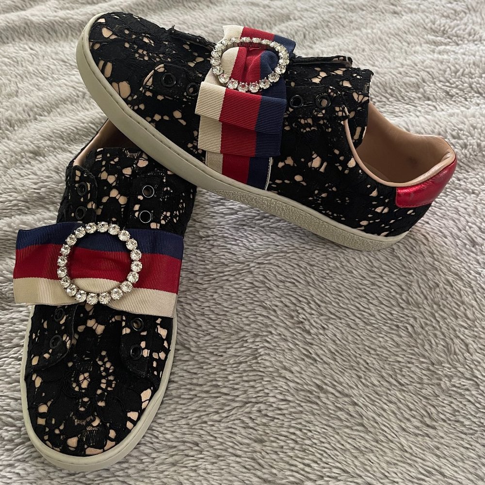 Gucci Womens Crystal flower leaf Bow Netted Sneakers Size: EU:37/ US:7